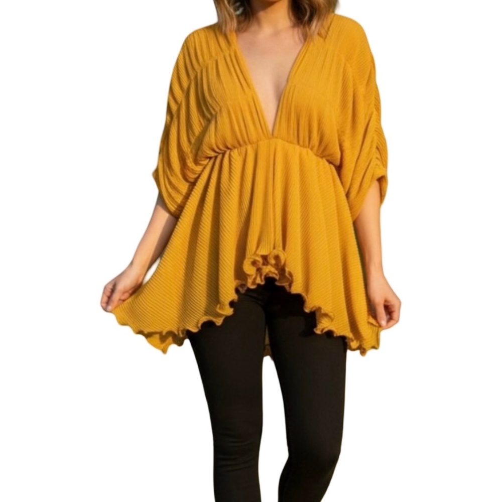 #A074   Sunshine Yellow Pleated Ruffle Top Crinkle pleats Size M (No Tag)
